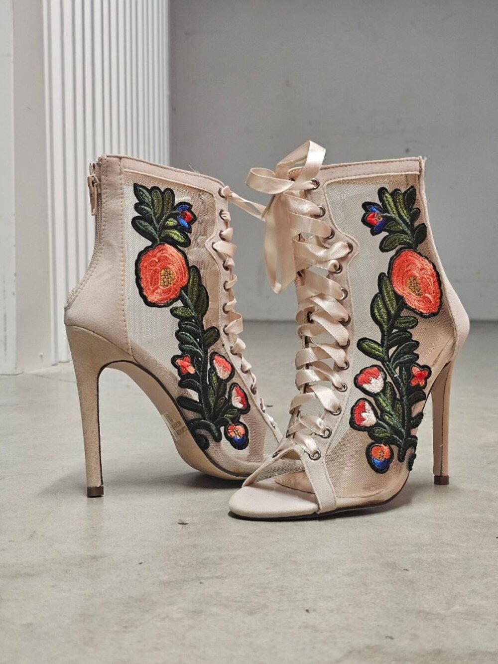 Floral Embroidered Mesh Lace-Up Stiletto Heels With Back Zipper